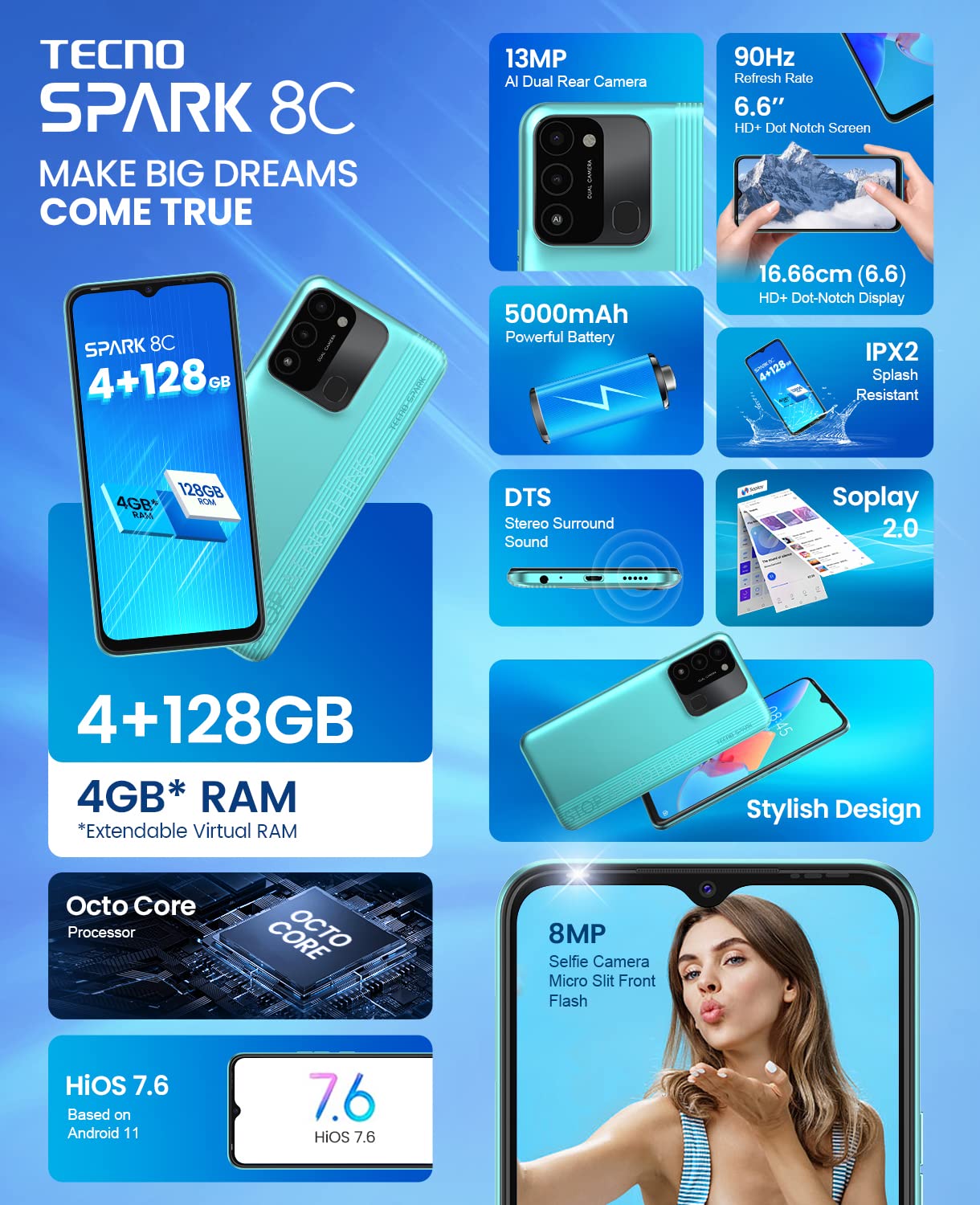 Tecno SPARK 8C Smartphone 4+128GB Cyan 5000 mAh