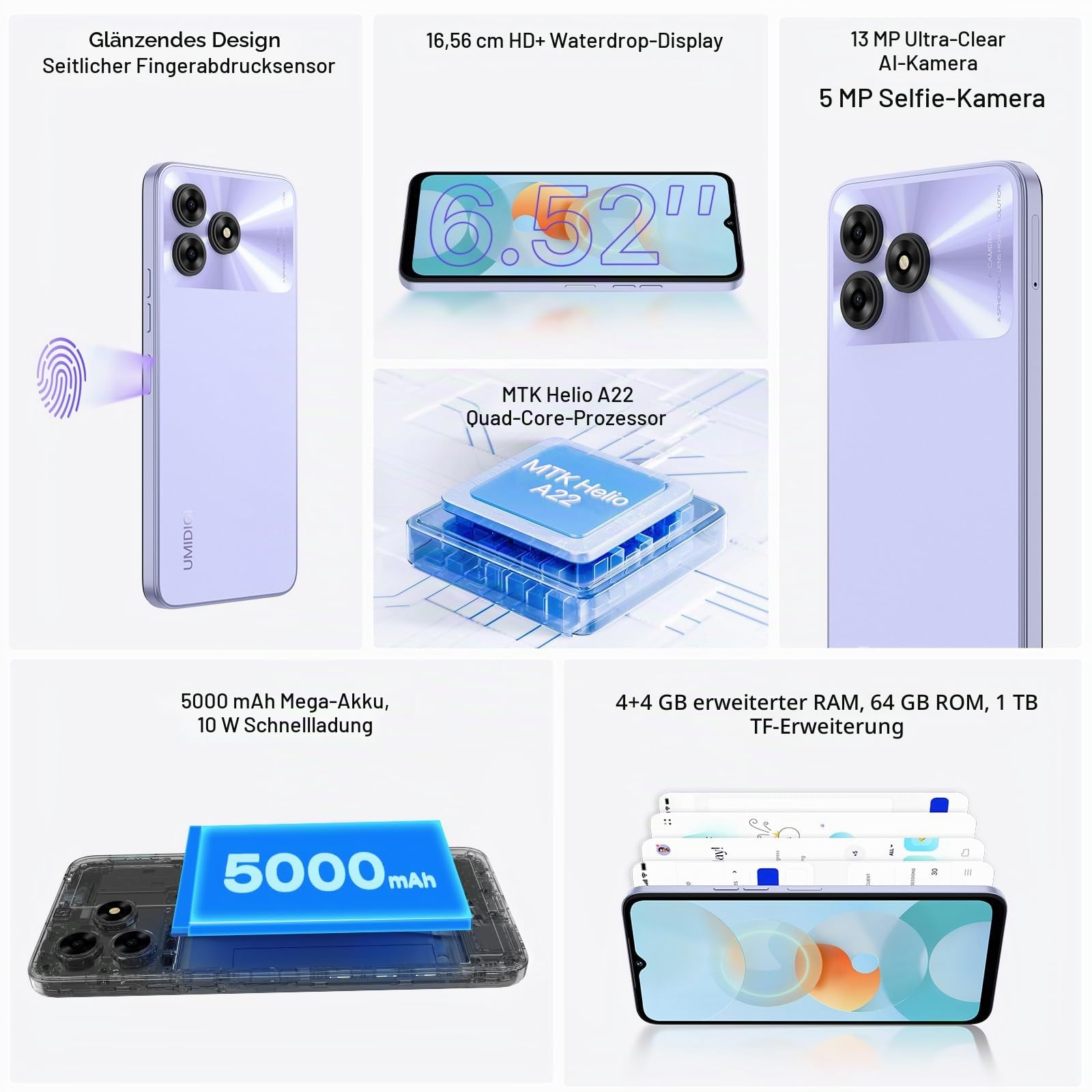UMIDIGI G5A Smartphone 64GB 6,52 Zoll Violett Android 13