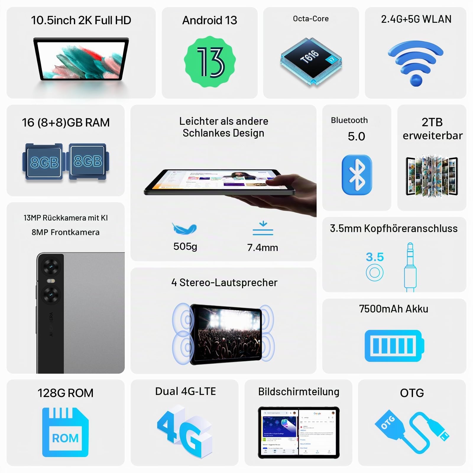 UMIDIGI A13 Tab 10.5 Zoll Tablet 8+128GB 2K mit SIM