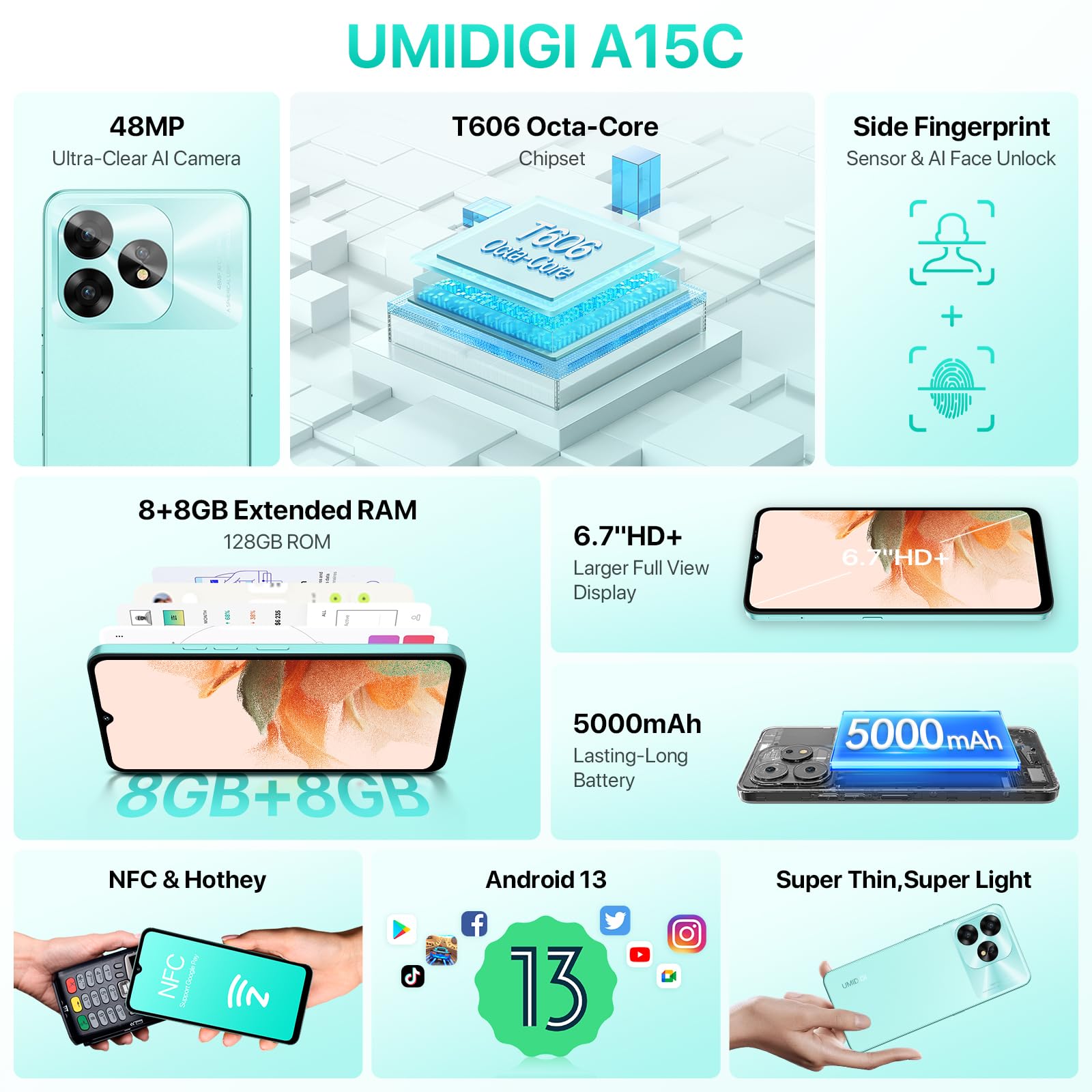 Umidigi A15C Smartphone 128GB 8GB Weiß 48MP 6,7 Zoll